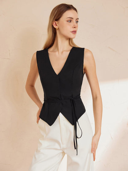 Ärmelloses Damen Top Taillenbindung Schwarz