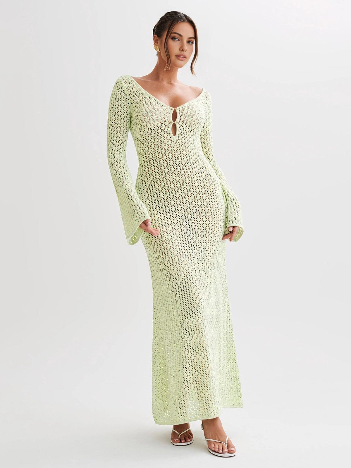 Boho Maxikleid V-Ausschnitt Gehäkelt Sommerkleid Lang