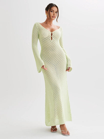 Boho Maxikleid V-Ausschnitt Gehäkelt Sommerkleid Lang