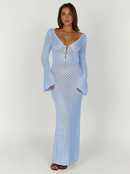 Boho Maxikleid V-Ausschnitt Gehäkelt Sommerkleid Lang