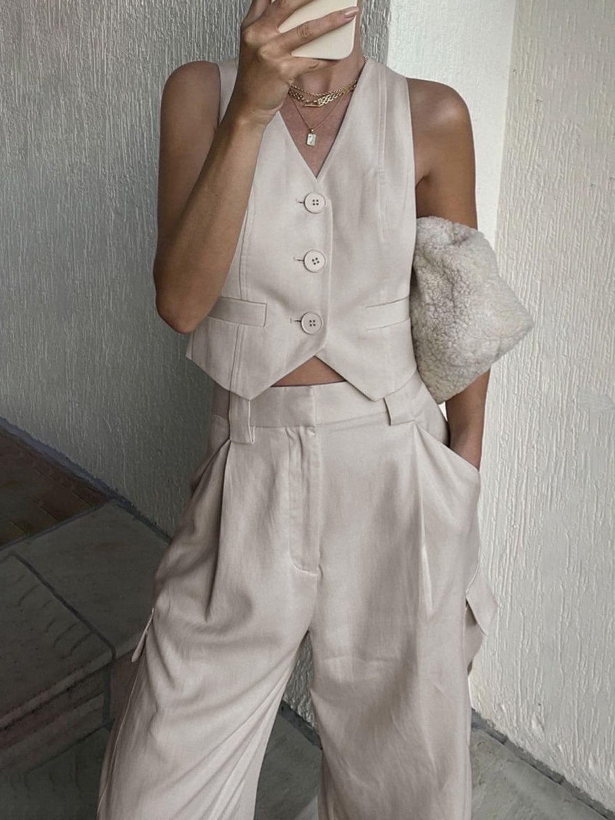 Ärmellose Damenweste Beige Klassisch Elegannt - BerlinGlamour