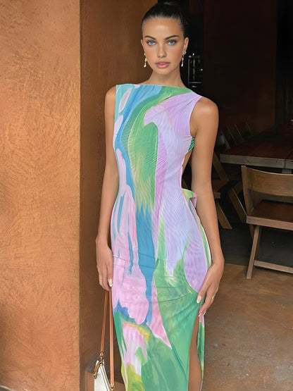 Maxi-Kleid Ärmellos Wasserfarben-Print Elegantes Sommerkleid - BerlinGlamour