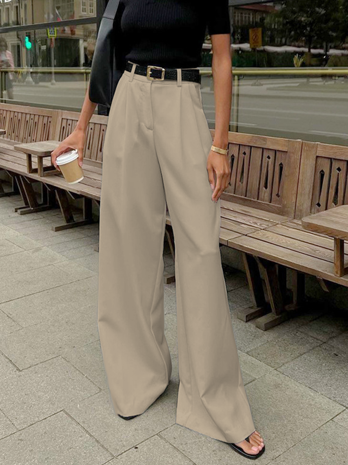 Damen Weite Hosen Plissiert mit Gürtel Bequem