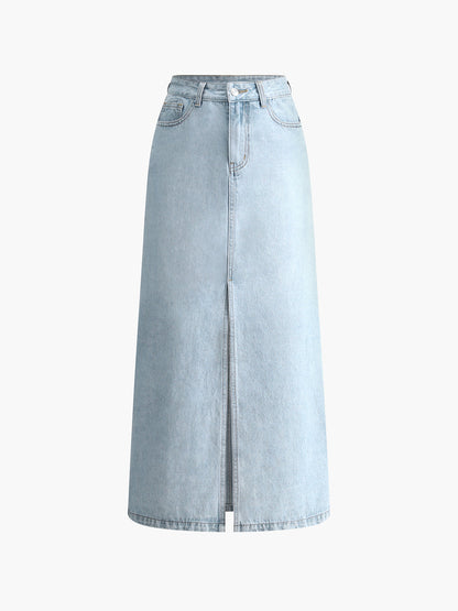 Damen Midirock Denim Blau Mit Frontschlitz - BerlinGlamour