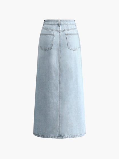 Damen Midirock Denim Blau Mit Frontschlitz