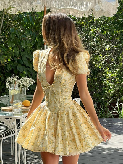 Kleid Bodycon mit Blumenmuster Gelb Sommerkleid