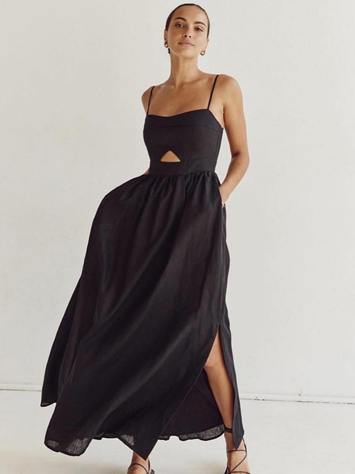 Leinen Maxi-Kleid Ärmellos Sommerkleid mit Cut-Out