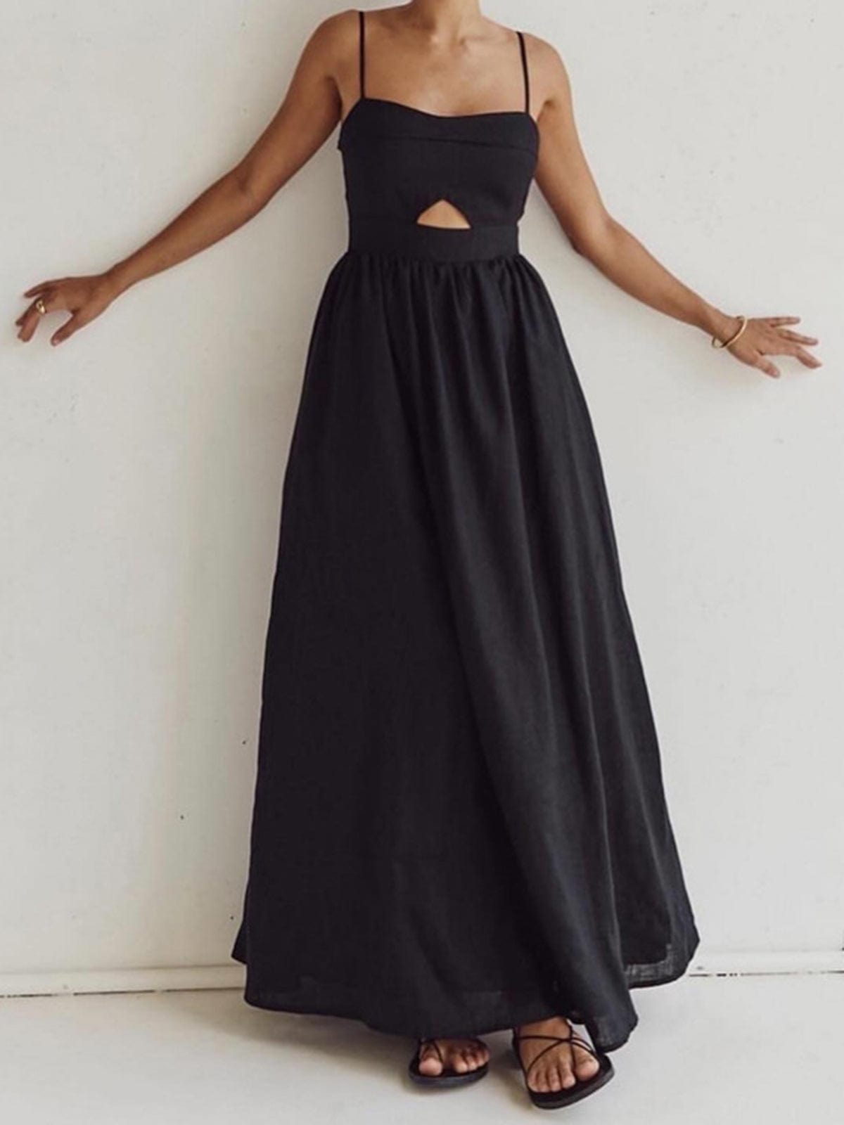 Leinen Maxi-Kleid Ärmellos Sommerkleid mit Cut-Out