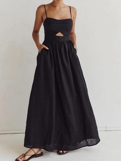 Leinen Maxi-Kleid Ärmellos Sommerkleid mit Cut-Out - BerlinGlamour