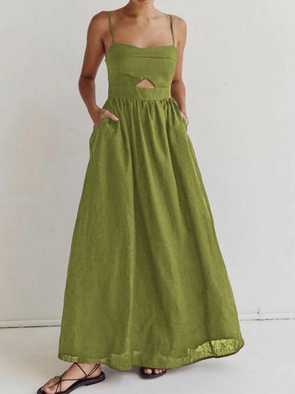 Leinen Maxi-Kleid Ärmellos Sommerkleid mit Cut-Out