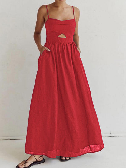 Leinen Maxi-Kleid Ärmellos Sommerkleid mit Cut-Out
