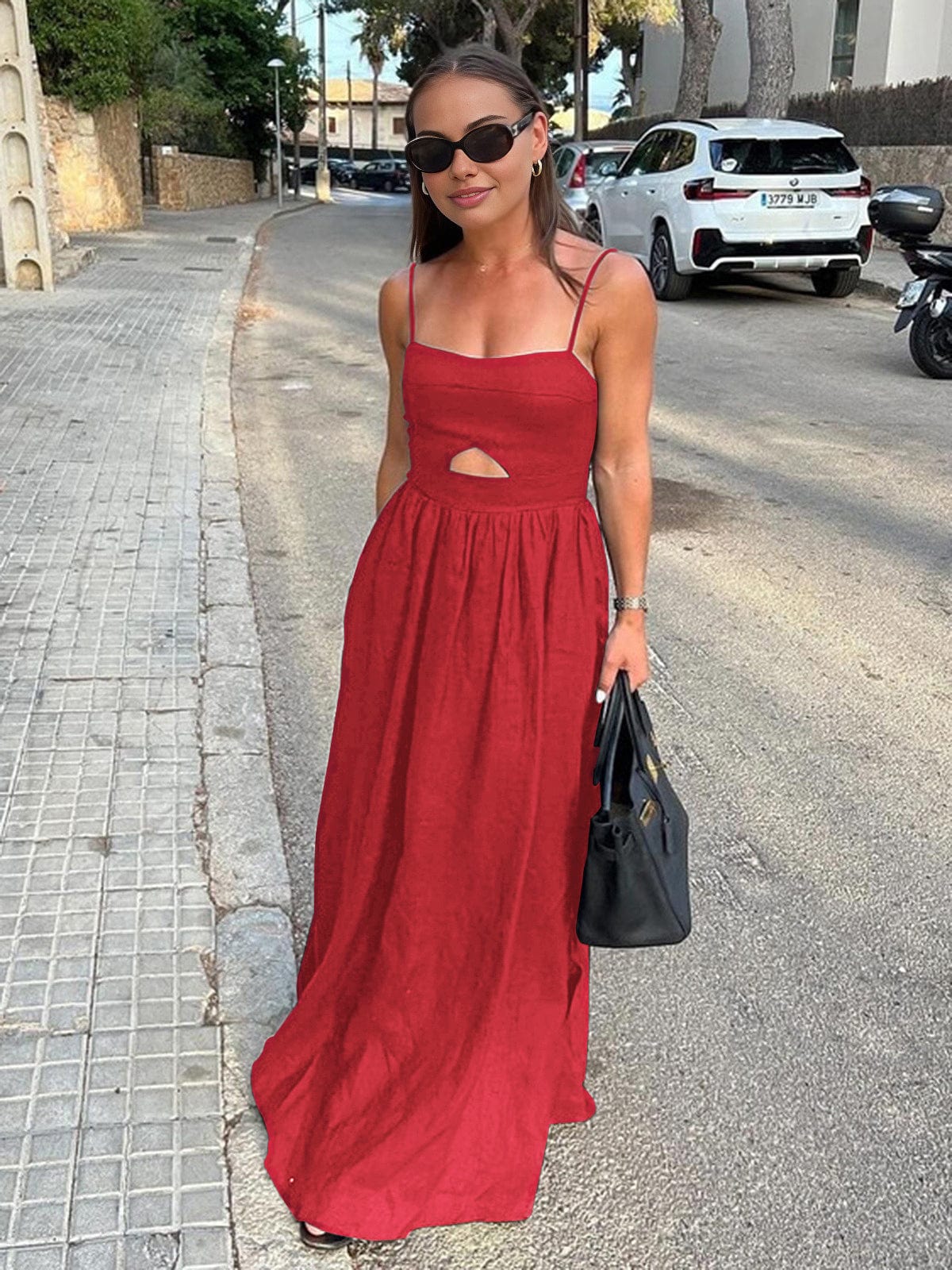Leinen Maxi-Kleid Ärmellos Sommerkleid mit Cut-Out