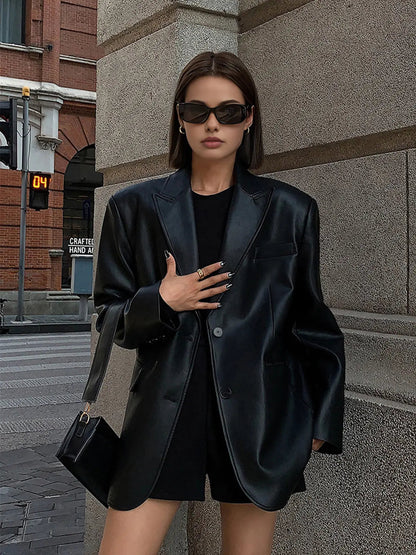 Lederblazer Damen Modern mit Taschen Schwarz - BerlinGlamour