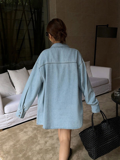 Oversize Jeansbluse Damen Komfortbluse Modern Stil