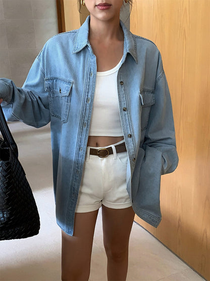 Oversize Jeansbluse Damen Komfortbluse Modern Stil