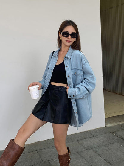 Oversize Jeansbluse Damen Komfortbluse Modern Stil