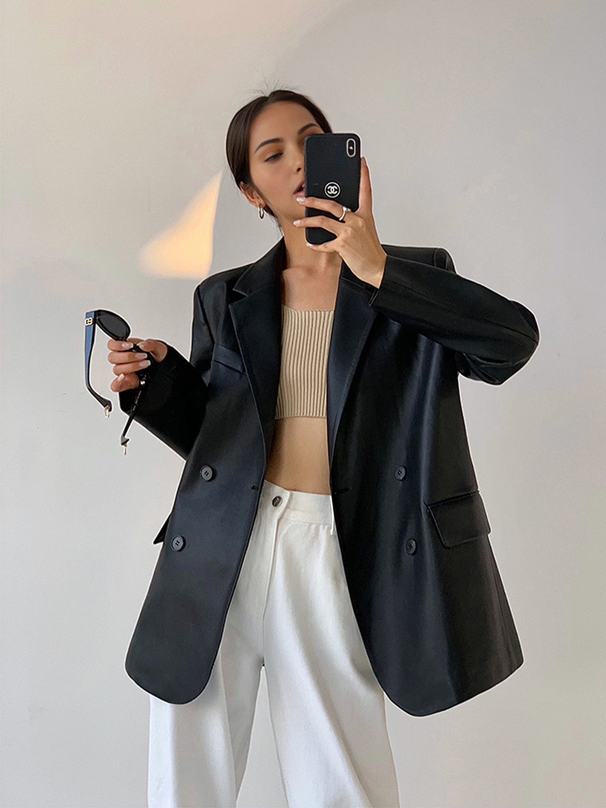 Lederblazer Damen Kunstleder Reverskragen Slim Fit