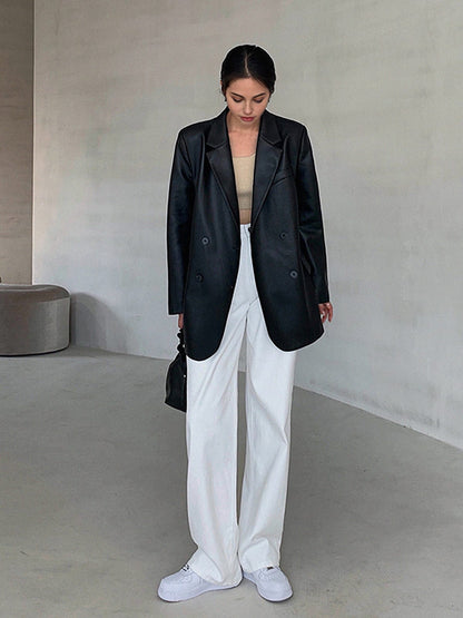 Lederblazer Damen Kunstleder Reverskragen Slim Fit