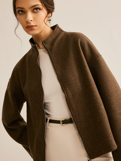 Kurze Lederjacke Braun Stehkragen Elegant