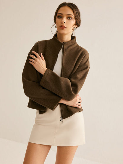 Kurze Lederjacke Braun Stehkragen Elegant