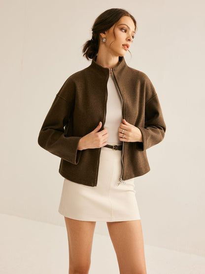Kurze Lederjacke Braun Stehkragen Elegant - BerlinGlamour