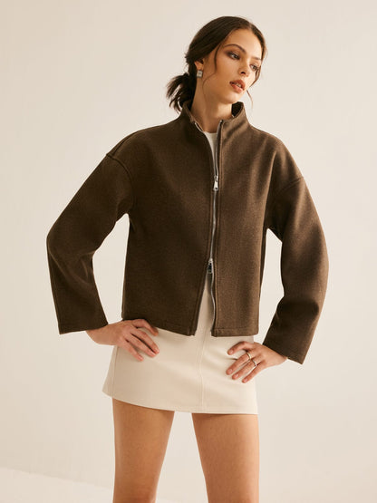 Kurze Lederjacke Braun Stehkragen Elegant