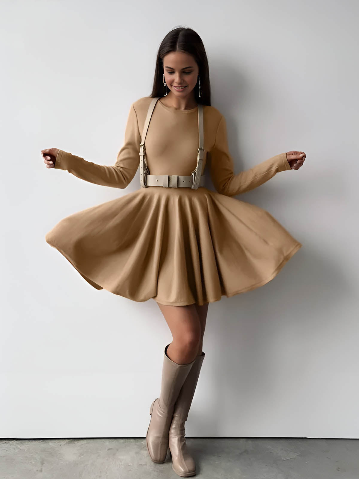 Elegantes Damen Skaterkleid Langarm Crème