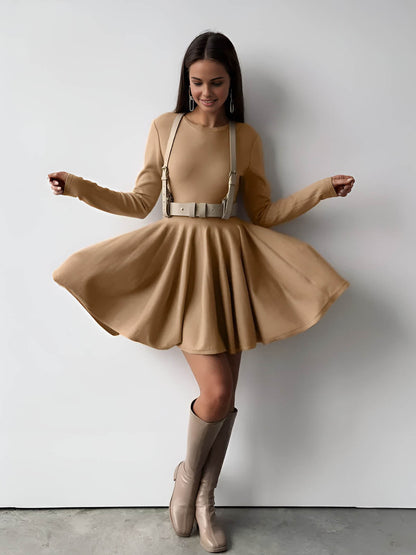 Elegantes Damen Skaterkleid Langarm Crème