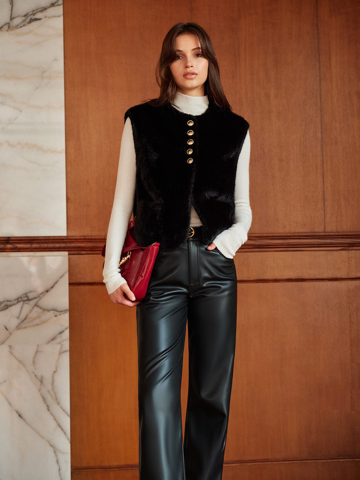 Faux-Pelz-Gilet Rundhals Kurz Modern