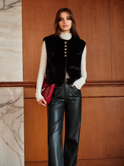Faux-Pelz-Gilet Rundhals Kurz Modern