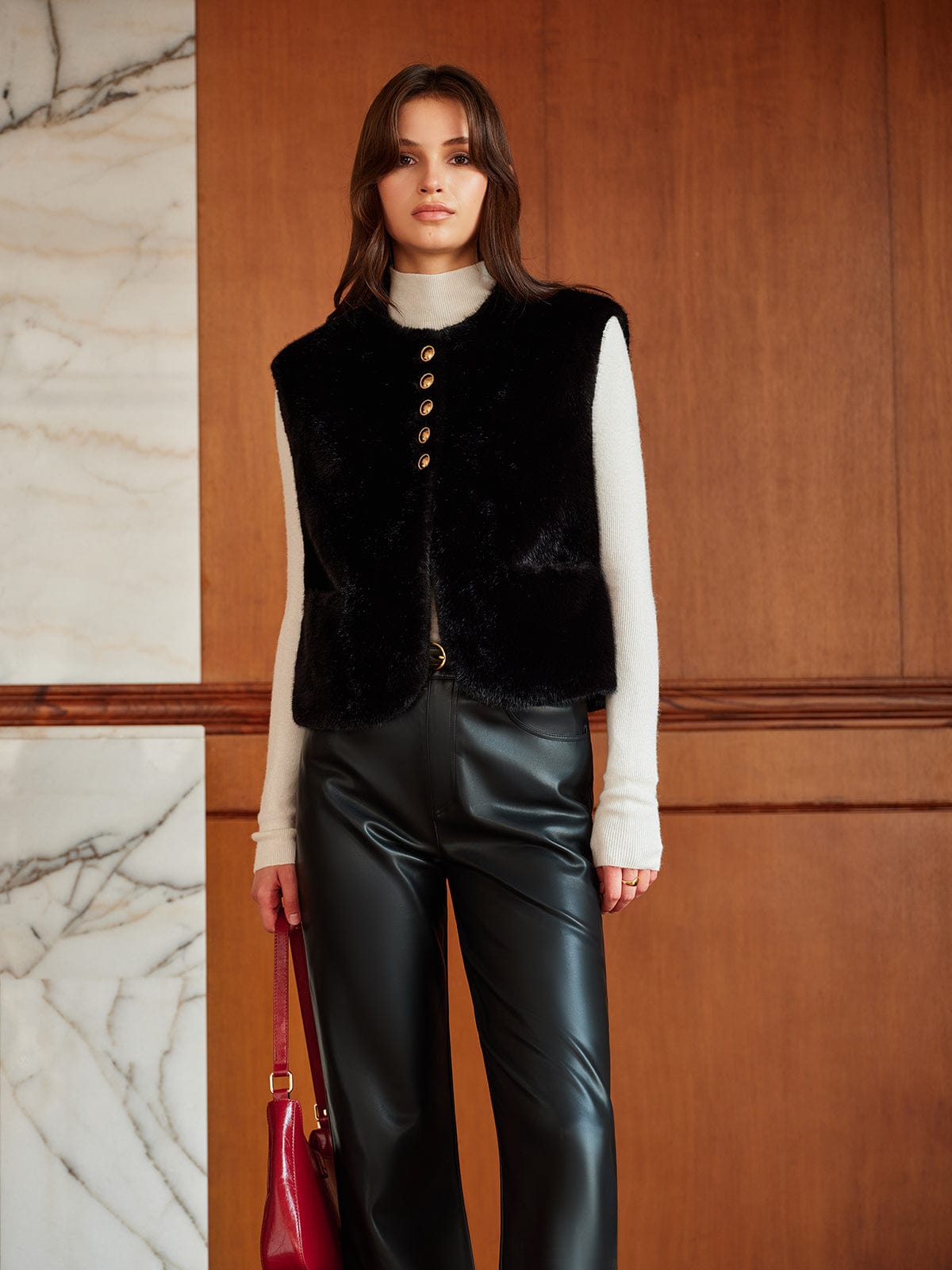 Faux-Pelz-Gilet Rundhals Kurz Modern