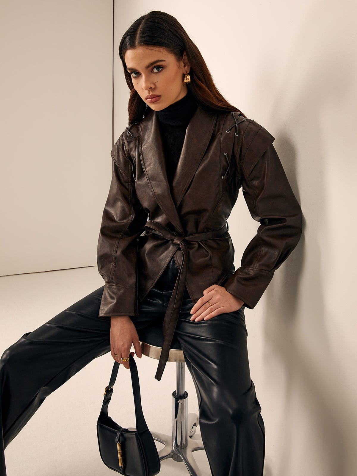Lederblazer Damen Elegant Schlank Modern Mit Gürtel