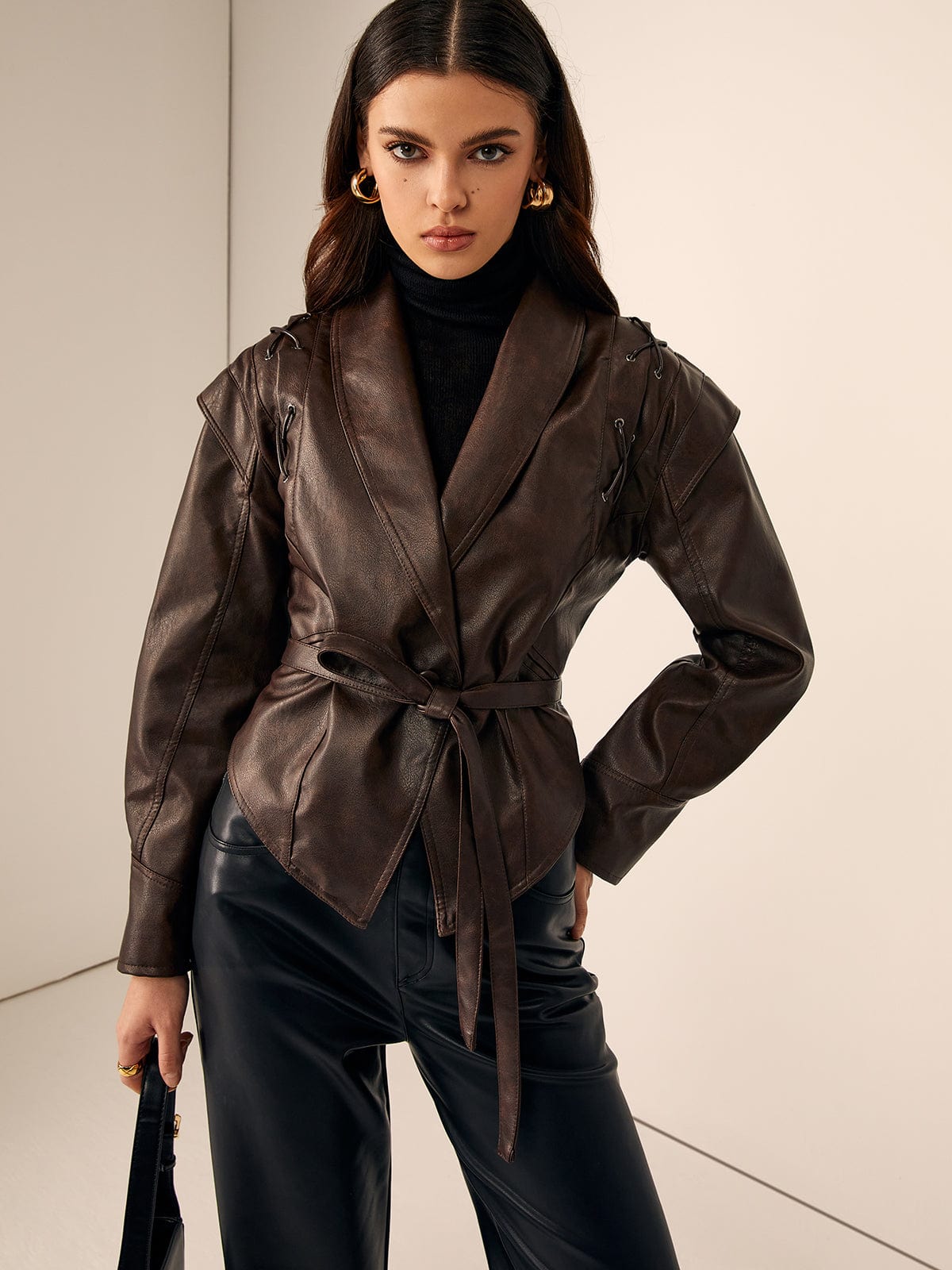 Braune Damen Lederjacke Mit Gürtel Ledermantel - BerlinGlamour