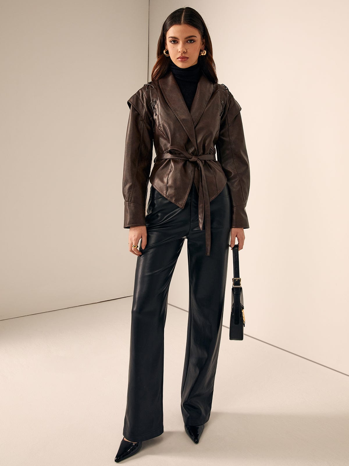 Lederblazer Damen Elegant Schlank Modern Mit Gürtel