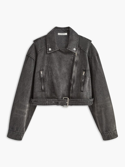 Schwarze Bikerjacke Damen Cropped Denim Rockstyle - BerlinGlamour