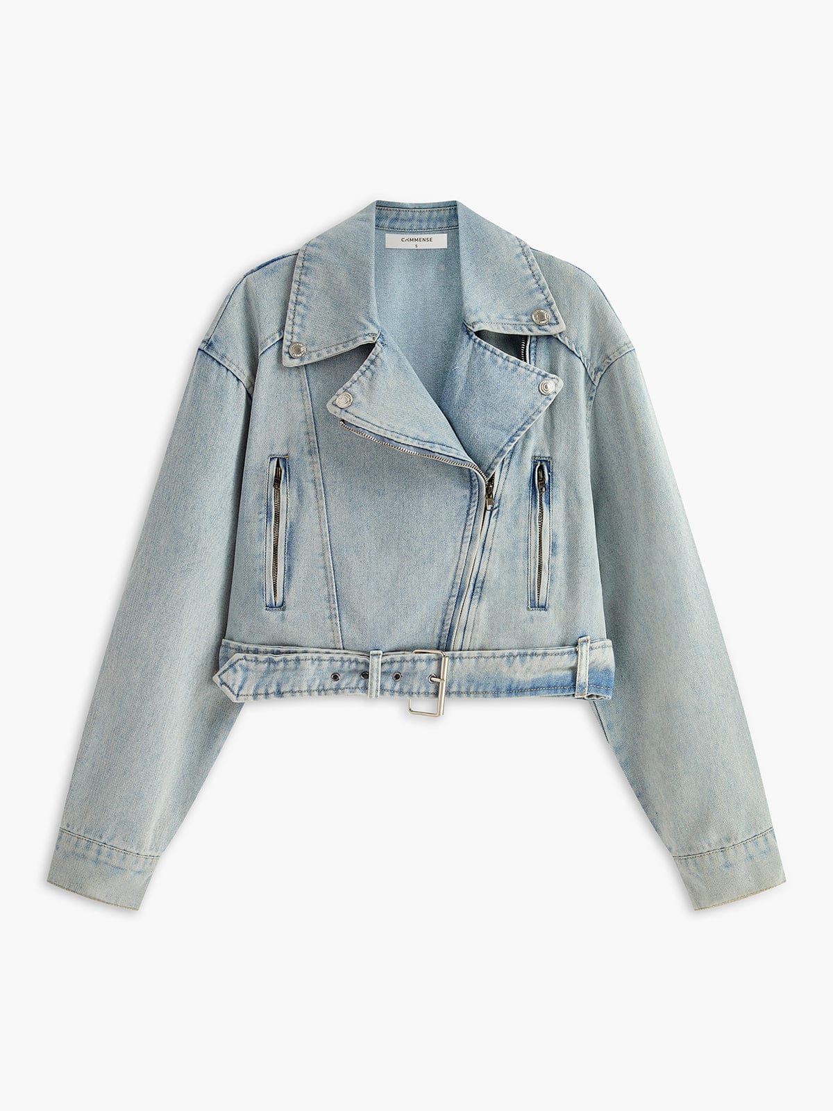 Cropped Bikerjacke Denim Lederoptik Frauen - BerlinGlamour