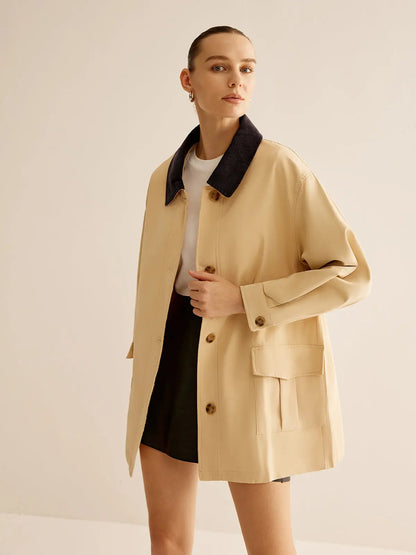 Baumwolljacke Damen Modern Kontrastkragen Knopfverschluss - BerlinGlamour