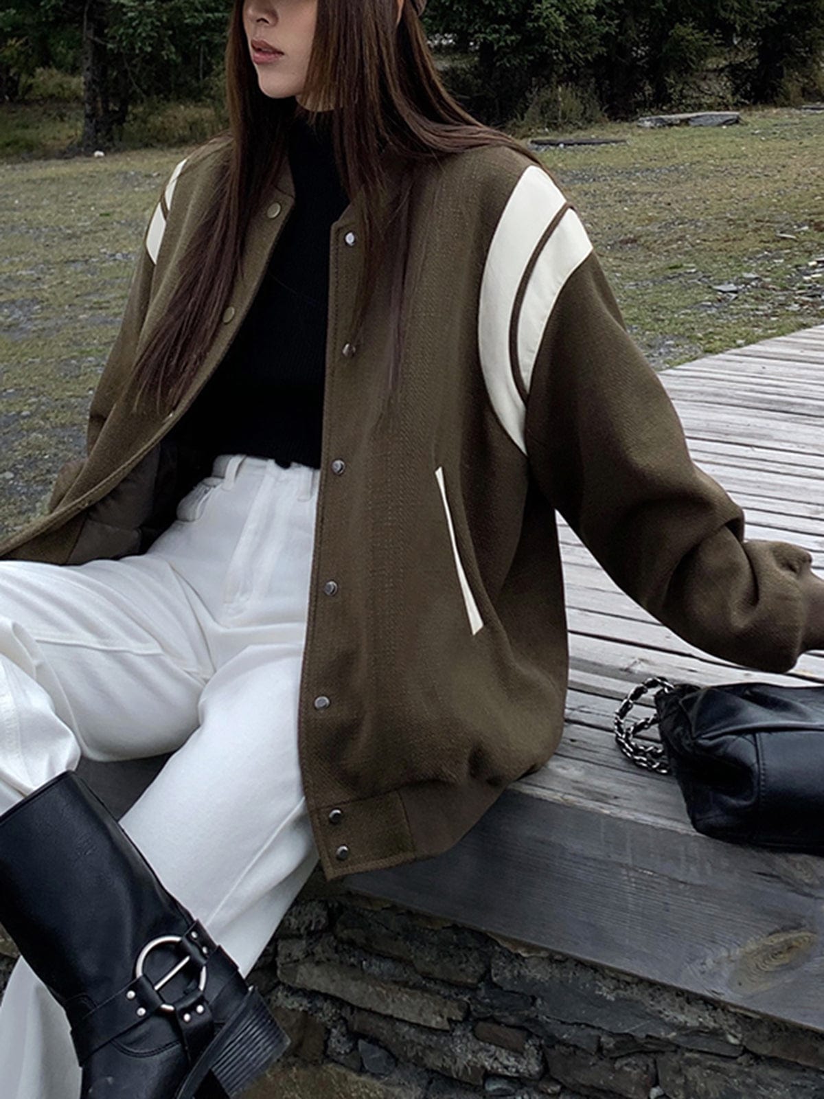Retro Varsity Jacke Lässig Gestreift Frauen