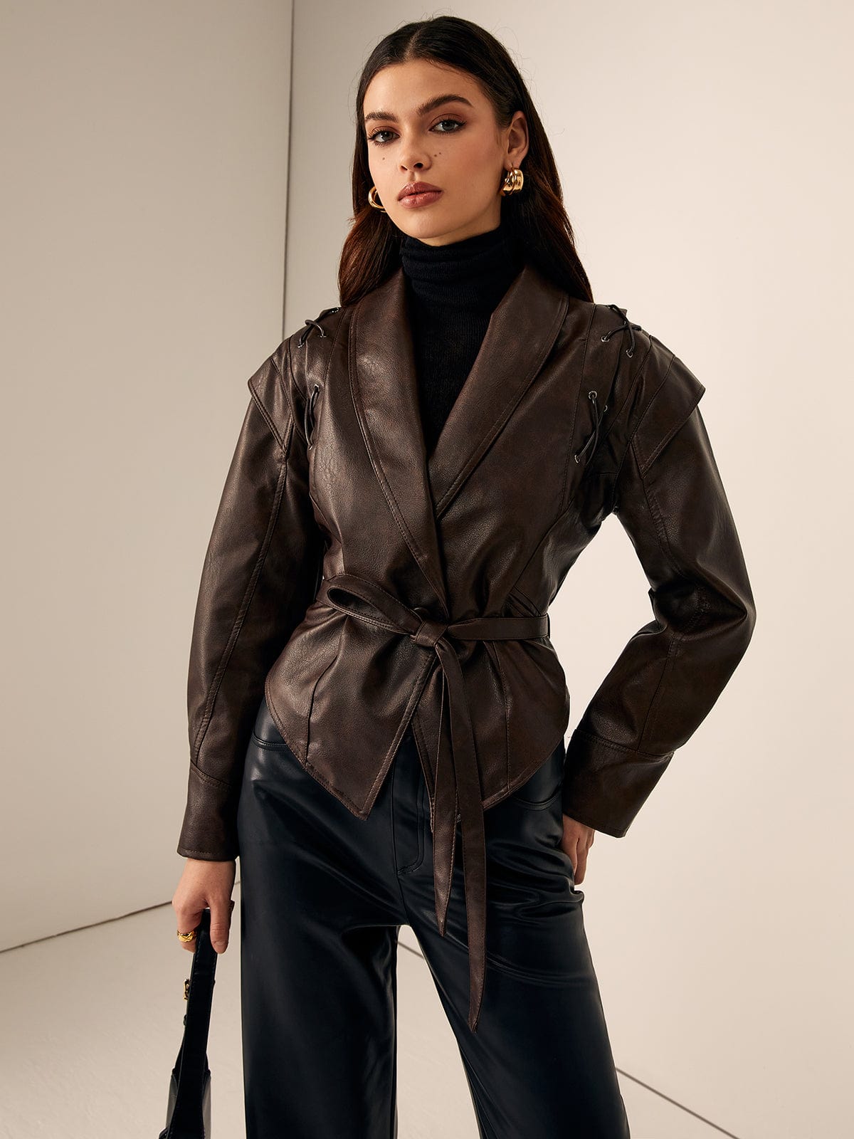 Lederblazer Damen Elegant Schlank Modern Mit Gürtel - BerlinGlamour