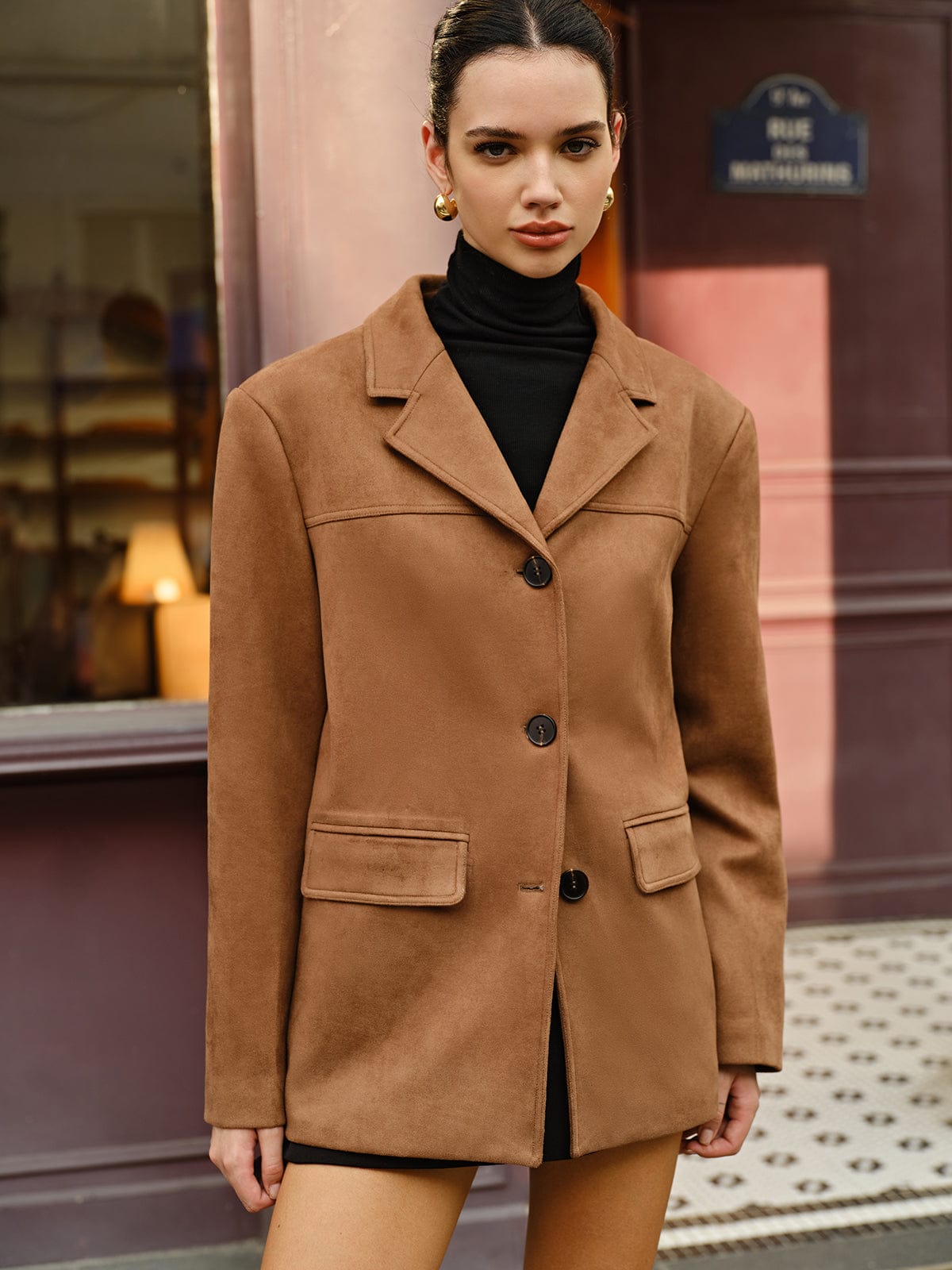 Brauner Wildleder Blazer Damen Lässig Modern