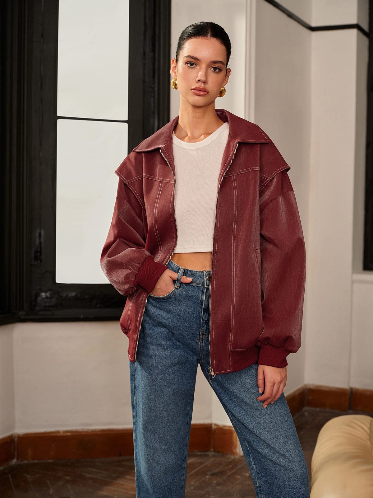 Bordeauxrote Damenjacke Sportlich Elegant - BerlinGlamour