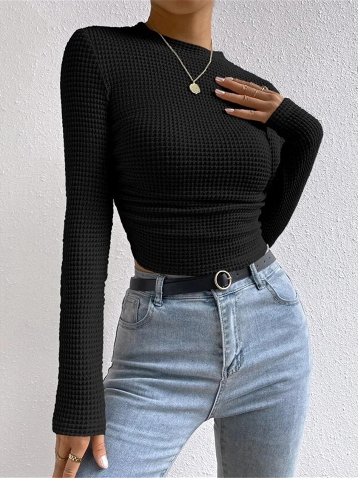 Damen Crop-Top Langarm Waffelstrick Sommer