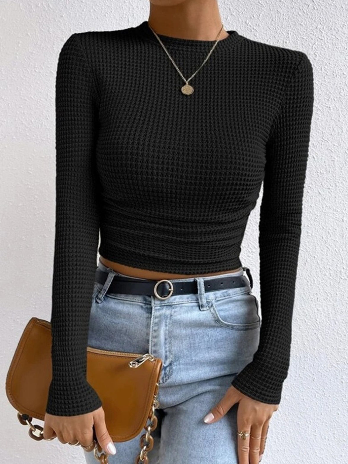 Damen Crop-Top Langarm Waffelstrick Sommer