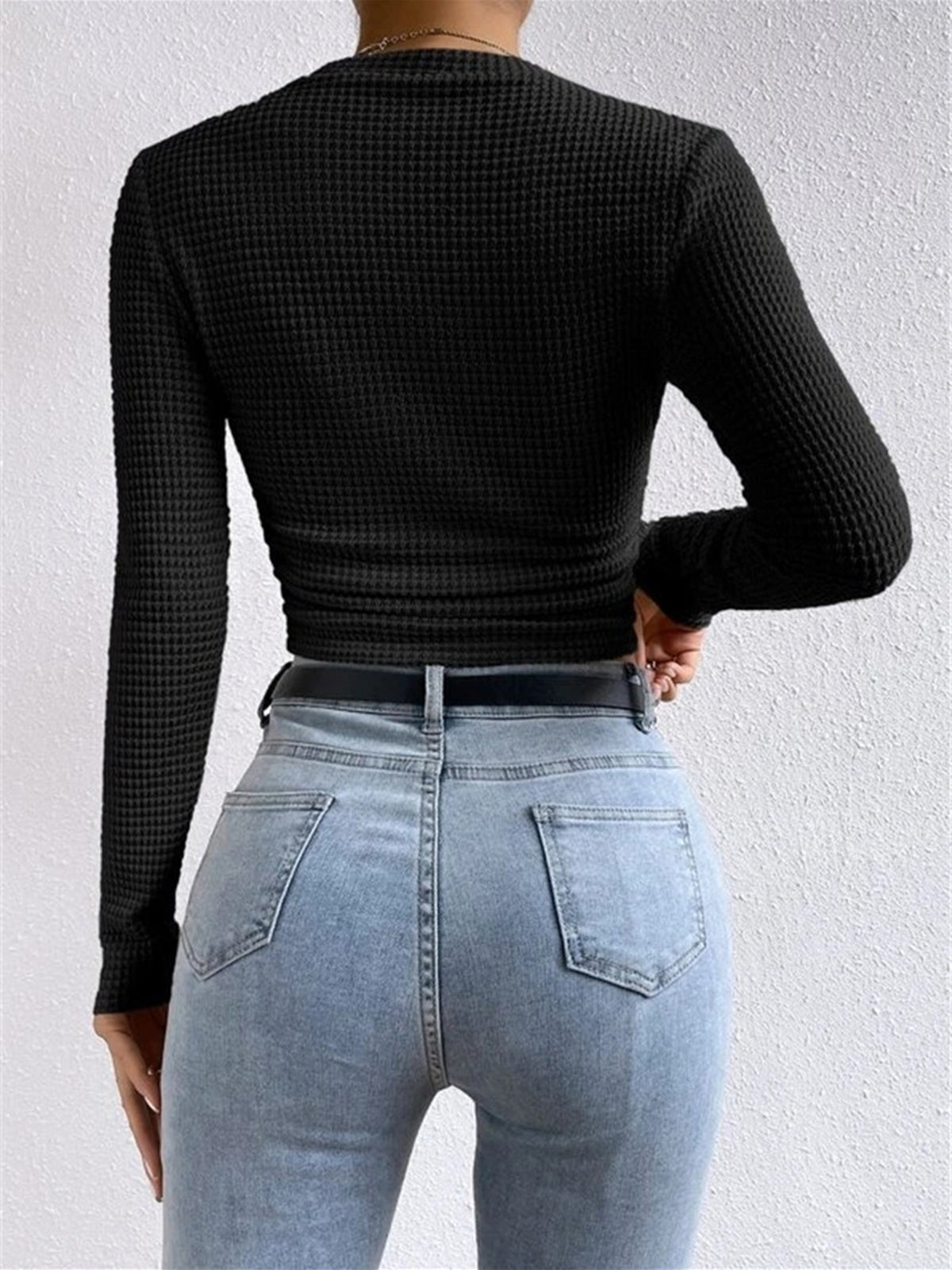 Damen Crop-Top Langarm Waffelstrick Sommer