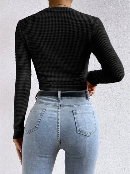 Damen Crop-Top Langarm Waffelstrick Sommer