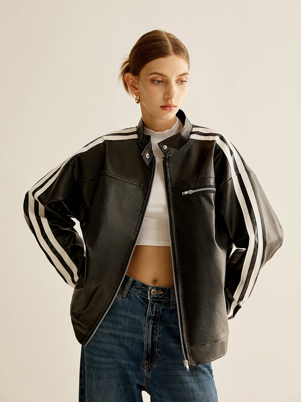 Lederjacke Schwarz mit Kontraststreifen Modern - BerlinGlamour