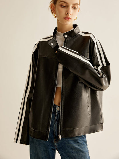Lederjacke Schwarz mit Kontraststreifen Modern