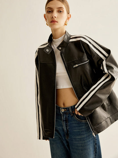 Lederjacke Schwarz mit Kontraststreifen Modern