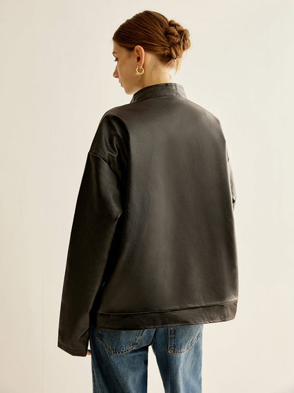 Lederjacke Schwarz mit Kontraststreifen Modern