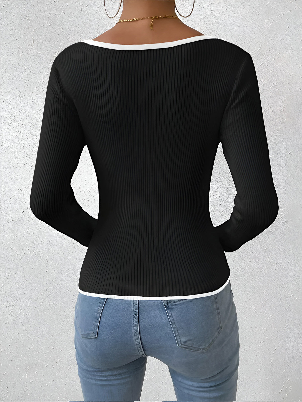 Damen Pullover Warm V-Ausschnitt Kontrastbesatz Winter